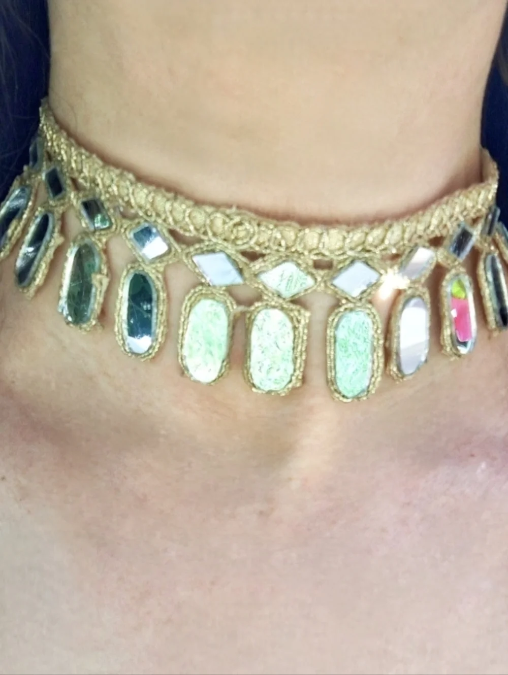 Handmade Gold Mirror Glass Fringe Choker Necklace - Women's Jewelry Silver Boho - Picture 3 of 8